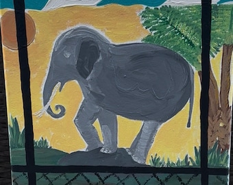 Travel Scenes | 11×14 Whimsical Elephant Folk Art Painting
