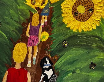 Sunflower Garden | 20x16 Original Folk Art | Southern Nature and Wildlife