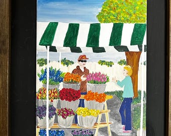 Pintura original de um mercado de flores, estilo impressionista, acrílico sobre tela, 23 x 30 cm (9 x 12 polegadas).