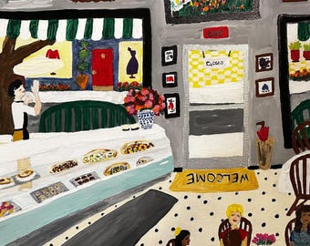 Folk Art Cafe  | 16x20 Original Painting | Cottage Life and Everyday Scenes