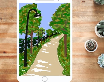 Stampa artistica da parete con sentiero del parco, decorazione paesaggistica naturale, immagine per una passeggiata tranquilla (scaricabile)