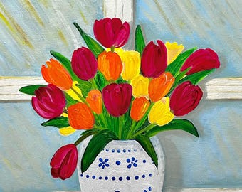 Colorful Tulips in Blue & White Vase – 16x20 Original Painting – Floral Still Life Wall Art