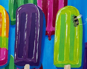Pintura de paletas de helado coloridas / Arte mural veraniego brillante / Decoración divertida para la cocina / Acrílico original 11x14