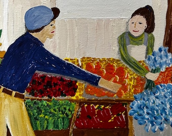 Farmers Market Painting | Folk Art 9x12 | Cottage Life Scene | Kitchen Wall Art