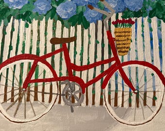Pintura de Bicicleta com Hortênsias | Arte Popular Floral para Parede | Original 20x16 | Decoração para Jardim Campestre
