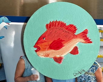 Juego de 3 minicuadros de peces rojos – Arte costero original con reverso magnético