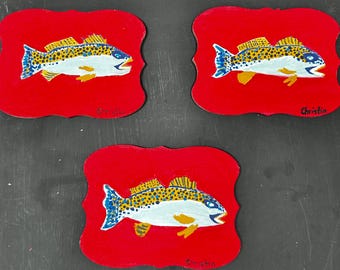 Juego de miniaturas de peces pintadas a mano / Decoración de cocina de arte popular, imanes rústicos costeros