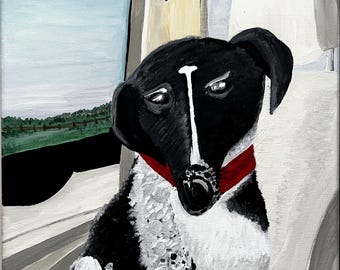 Original Acrylic Dog Painting, Whimsical Car Ride Pet Portrait, Folk Art 11x14
