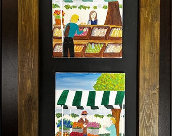 Pintura original del mercado de flores, acrílico impresionista sobre lienzo, 23 x 30 cm