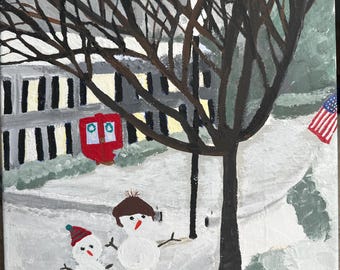 Snowman Gathering | 11x14 Original Folk Art | Seasonal Village Scenes