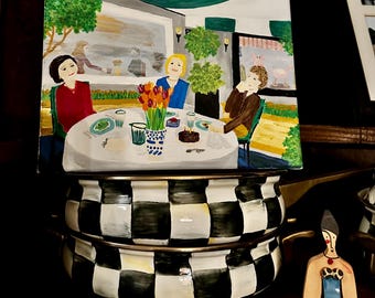 Pintura de cafetería al aire libre, decoración de pared impresionista, escena de comedor acogedor, arte acrílico