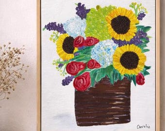 Pintura original de buquê de girassóis, natureza-morta floral rústica, arte para cozinha de casa de campo