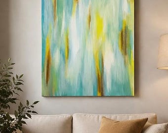 Pintura abstrata em tons de azul-petróleo e dourado, 20x16 | Arte de parede vertical contemporânea e suave