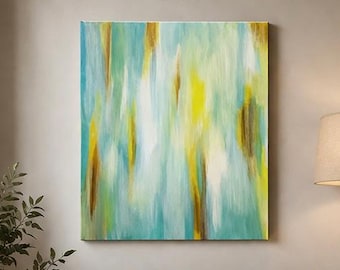 Cuadro abstracto en tonos verde azulado y dorado, 20x16 cm / Arte mural vertical contemporáneo de tonos suaves.