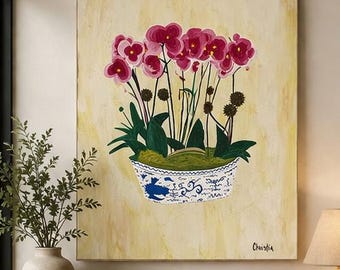 Pintura original de orquídea rosa | Tela grande de arte popular (22x28)