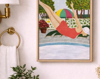 Pintura de espreguiçadeira à beira da piscina, arte folclórica original, arte de piscina de verão, cena relaxante