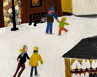 Pintura de Cena de Patinação no Gelo | Arte Popular de Inverno | Arte de Parede de Vila na Neve | Original 16x20