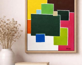 Pintura abstrata geométrica moderna 11x14, arte de parede em blocos de cor