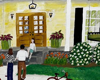 Original Acrylic Painting – Cozy Southern House Scene, Red Convertible, Family Arrival