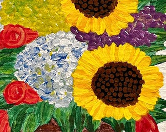 Original Sunflower Bouquet Painting, Rustic Floral Still Life, Cottage Kitchen Art
