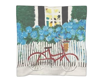 Bicicletta rossa accanto a una sciarpa con staccionata bianca / Illustrazione floreale di ortensie