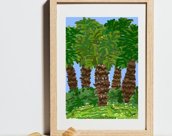 Stampa artistica con palme, decorazione murale tropicale e costiera.