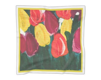 Sciarpa in poliestere con motivo astratto di tulipani ad acquerello / Motivo botanico floreale primaverile