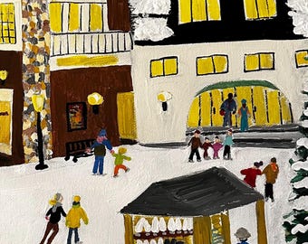 Ice Skating Scene Painting | Winter Folk Art | Snow Village Wall Art | 16x20 Original