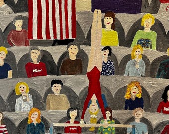 9x12 Folk Art Acrylic Painting – Gymnast, American Flag, Crowd Scene
