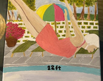 Poolside Scene Painting | Folk Art Summer Wall Art | 9x12 Original | Coastal Decor