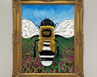 Pintura acrílica de um campo de flores silvestres com abelhas | Arte de parede colorida para jardim de primavera