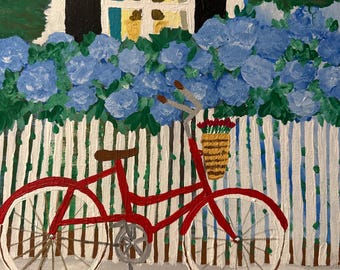 Hydrangea Bicycle Painting | Folk Art Floral Wall Art | 20x16 Original | Cottage Garden Decor