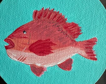 Juego de 3 minicuadros de peces rojos – Arte costero original con reverso magnético