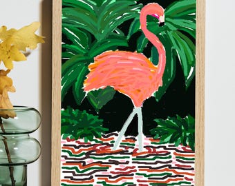 Quadro da parete tropicale con fenicotteri rosa e foglie di palma, decorazione costiera (download digitale)