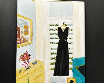 Nuevo vestido negro, pintura acrílica original de 9x12, colección Closet Quest.