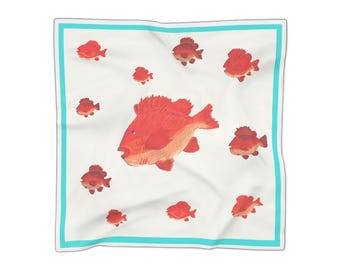 Sciarpa in poliestere con motivo a dentice rosso / Illustrazione di pesci tropicali, bordo color acquamarina