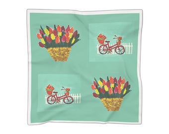 Sciarpa in poliestere con cestino di tulipani e bicicletta / Sciarpa quadrata floreale primaverile