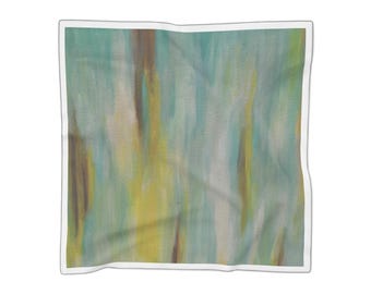 Sciarpa in poliestere con motivo astratto a righe acquerellate / Fantasia delicata blu, verde e gialla