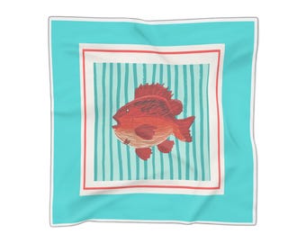 Sciarpa quadrata in poliestere con illustrazione di dentice rosso, a righe turchesi.