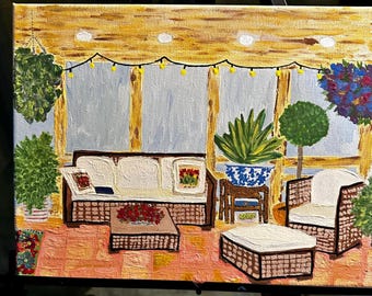 12x9 Original Folk Art Sunroom Acrylic Painting | Cottage Life and Everyday Scenes |