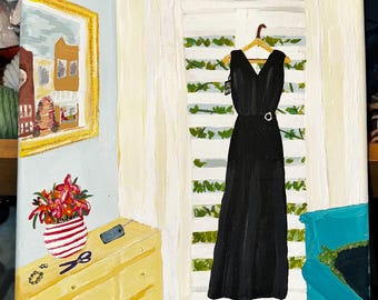 Closet Quest Collection: New Black Dress, 9x12 Original Acrylic Painting