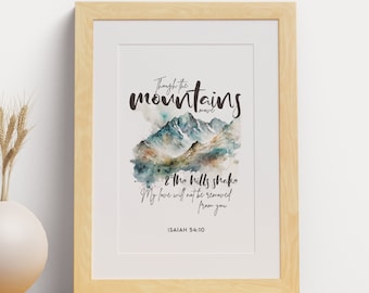 Poster stampabile delle Scritture di Montagna dell'acquerello di Isaia 54:10, Arte della parete dei versetti della Bibbia, Decorazione delle Scritture cristiane, Arte della parete di Isaia