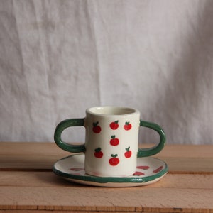 Handmade Ceramic Espresso Cup with Saucer ,Turkish Coffee Cup ,Cute Fruit Mugs Handmade Apple Ceramic Coffee Mug