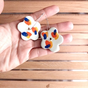 Handmade ceramic earrings,Large hoop earrings,,Flower Ceramic Earrings Hoop, Earrings Romantic Ceramic Jewelry,