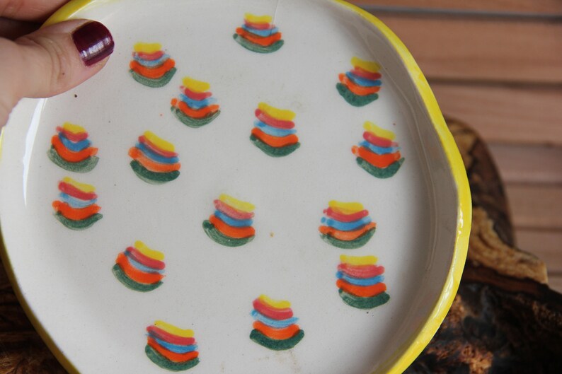 White Pottery Dessert Plate Ceramic,Appetizer plate,Hand Painted Ceramic Dinner Plate,Retro Pastel Color Ceramic Plate,Rainbow plate image 5