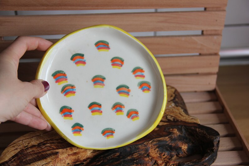 White Pottery Dessert Plate Ceramic,Appetizer plate,Hand Painted Ceramic Dinner Plate,Retro Pastel Color Ceramic Plate,Rainbow plate image 4