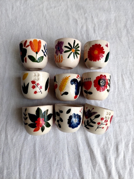 Handmade Ceramic Espresso Cups – Floral Hand-Painted Pottery, Unique Gift, Boho Coffee Mug, Small Cappuccino Cup,farmhouse kitchen decor