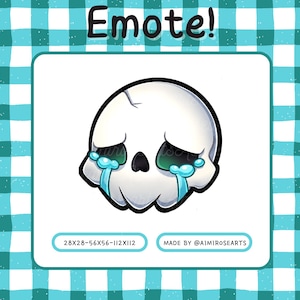 May include: A cartoon skull with green eyes and blue tears, with the text "Emote!" above it and "28X28-56X56-112X112" and "MADE BY @AIMIROSEARTS" below it.