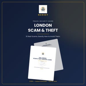 May include: A digital travel security guide titled London Scam & Theft, featuring 10 real scams and how to avoid them. The document includes a quick-reference checklist and a survival guide, presented as two white PDF pages against a dark blue background.
