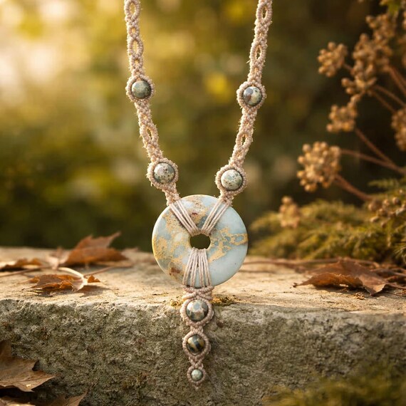 Collier et bracelet - Jaspe Aqua Terra – Micro-macramé beige - fait main – Pierre naturelle apaisante – Bijou unique réglable